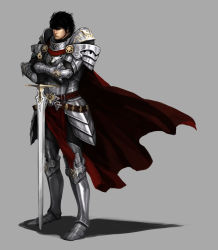 Rule 34 | 1boy, armor, bad id, bad pixiv id, black hair, cape, clamp8903, grey background, male focus, original, planted, planted sword, planted weapon, realistic, short hair, simple background, solo, sword, weapon