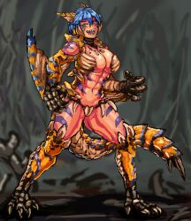Rule 34 | 1girl, abs, blue hair, breasts, claws, commentary request, dragon girl, full body, green eyes, highres, horns, large breasts, looking at viewer, monster girl, monster hunter (series), navel, panties, personification, scales, sharp teeth, short hair, solo, standing, stomach, tail, talons, tattoo, teeth, thighs, tigrex, topless, udetamago, underwear, winged arms, wings