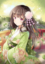 Rule 34 | 1girl, blush, bridge, brown hair, floral print, flower, from side, green sky, hair flower, hair ornament, highres, japanese clothes, kimono, leaf, long hair, looking at viewer, original, outdoors, pink eyes, shiro kuma shake, solo, standing, unmoving pattern, water