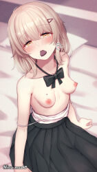 Rule 34 | 1girl, black bow, black bowtie, black skirt, blush, bow, bowtie, breasts, camisole, camisole pull, candy, chocolate, chocolate heart, clothes pull, embarrassed, food, food in mouth, grey hair, hair ornament, hairclip, head tilt, heart, highres, nushi ma, on bed, original, partially undressed, sitting, skirt, small breasts, white camisole, yellow eyes