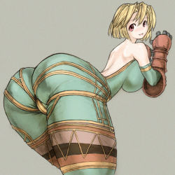 Rule 34 | 1009, 1girl, ass, bent over, blonde hair, breasts, female focus, final fantasy, final fantasy tactics, from behind, gloves, huge breasts, looking back, monk (fft), short hair, simple background, solo
