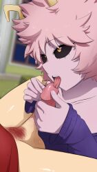 Rule 34 | 1boy, 1girl, absurdres, ashido mina, black sclera, blurry, blurry background, boku no hero academia, bottomless, colored sclera, colored skin, commentary, english commentary, fellatio, glansjob, greatm8, hetero, highres, horns, indoors, kirishima eijirou, long sleeves, looking at another, male pubic hair, messy hair, oral, penis, photoshop (medium), pink hair, pink skin, pubic hair, purple sweater, red shirt, saliva, shirt, short hair, sleeves past wrists, sweater, testicles, tongue, tongue out, trembling, uncensored, urethral insertion, urethral licking, yellow horns