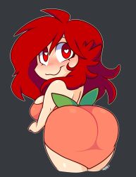 Rule 34 | 1girl, absurdres, ass, blush, grey background, heart, heart-shaped pupils, highres, huge ass, looking at viewer, looking back, outline, red eyes, red hair, signature, simple background, smile, solo, symbol-shaped pupils, toon (style), toon michaela, toxicsoul77, white outline