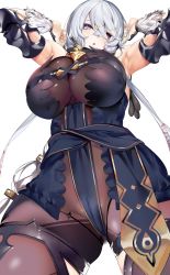 Rule 34 | 1girl, absurdres, armpits, arms up, atelier (series), atelier ryza, atelier ryza 1, bare shoulders, blue eyes, blush, bodysuit, breasts, cleavage, crossed bangs, from below, hair ornament, hairclip, heterochromia, highres, large breasts, lila decyrus, long hair, looking at viewer, low twintails, marushin (denwa0214), pale skin, purple eyes, revision, silver hair, simple background, skindentation, solo, thighs, twintails, very long hair, white background