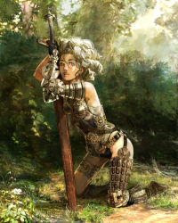 Rule 34 | 1girl, anesaki dynamic, armor, forest, grey eyes, kneeling, leaning forward, nature, original, realistic, short hair, solo, sword, tan, weapon