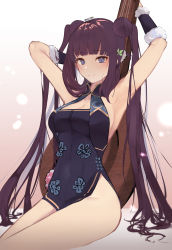 Rule 34 | 1girl, absurdres, armpits, arms up, bare shoulders, breasts, china dress, chinese clothes, cleavage, cleavage cutout, clothing cutout, double bun, dress, eyelashes, fate/grand order, fate (series), feet out of frame, hair bun, hair ornament, highleg, highres, holding, huge filesize, large breasts, leaf hair ornament, long hair, looking at viewer, parted lips, pipa (instrument), purple eyes, purple hair, short dress, sidelocks, solo, thighs, twintails, twitter username, vantsuki, yang guifei (fate), yang guifei (first ascension) (fate), yang guifei (second ascension) (fate)