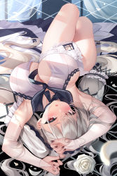 Rule 34 | 1girl, absurdres, armpits, azur lane, bare shoulders, blush, breasts, cleavage, formidable (azur lane), formidable (timeless classics) (azur lane), grey hair, highres, large breasts, long hair, looking at viewer, lying, meion, official alternate costume, on back, red eyes, skindentation, solo, thighs, twintails, very long hair
