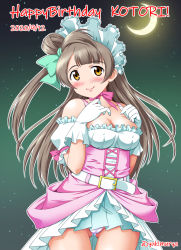 Rule 34 | 1girl, aqua bow, artist name, artist request, bare shoulders, belt, blush, bow, breasts, brown eyes, brown hair, cleavage, collarbone, cross-laced clothes, cross-laced dress, dancing stars on me!, dress, female focus, gloves, grey hair, hair bow, light brown hair, long hair, love live!, love live! school idol project, medium breasts, minami kotori, moon, bowtie, night, night sky, outdoors, parted lips, pink bow, pink dress, puffy short sleeves, puffy sleeves, short sleeves, side ponytail, skirt, sky, smile, solo, star (sky), white belt, white dress, white gloves, yukimurya