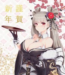 Rule 34 | 1girl, absurdres, alcohol, armor, asa no ha (pattern), azur lane, balancing, between breasts, black gloves, blunt bangs, blush, breasts, cleavage, covered erect nipples, cup, detached collar, eyeliner, flower, folded hair, formidable (azur lane), fur trim, gear print, gloves, hair flower, hair ornament, hair ribbon, hair stick, hair strand, happy new year, highres, huge filesize, japanese armor, japanese clothes, kanzashi, kimono, large breasts, long hair, long sleeves, looking at viewer, makeup, new year, off shoulder, petals, puckered lips, red eyes, red flower, ribbon, ribbon trim, sakazuki, sake, sash, shippou (pattern), shoulder armor, sode, solar (happymonk), solo, tassel, twintails, upper body, wrist cuffs