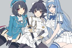 Rule 34 | 3girls, aoki hagane no arpeggio, ascot, azur lane, beret, black gloves, black hair, black legwear, blue eyes, blue hair, blue legwear, bow, bowtie, breasts, brown eyes, cowboy shot, crossover, garter straps, girl sandwich, gloves, grey background, hair between eyes, hair bow, hair flaps, half gloves, hand on another&#039;s shoulder, hat, historical name connection, kantai collection, large breasts, long hair, long sleeves, luzi, military, military uniform, miniskirt, mole, mole under mouth, multiple crossover, multiple girls, name connection, pantyhose, parted lips, ponytail, red eyes, sandwiched, short hair, short sleeves, side slit, sidelocks, simple background, sitting, skirt, smile, takao (aoki hagane no arpeggio), takao (azur lane), takao (kancolle), thighband pantyhose, thighhighs, unfinished, uniform, wariza, white gloves
