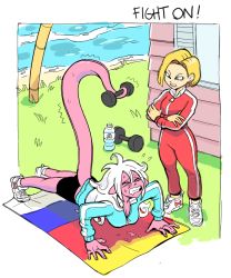 Rule 34 | 2girls, android 18, android 21, beach, beach towel, bike shorts, blonde hair, blue eyes, bottle, breasts, cleavage, clenched teeth, closed eyes, colored skin, crossed arms, dragon ball, dragon ball fighterz, dragonball z, dumbbell, earrings, exercising, full body, grass, holding, holding with tail, house, jewelry, kame house, looking at another, majin android 21, messy hair, multiple girls, noodlemage, ocean, open mouth, outdoors, pink skin, pointy ears, prehensile tail, push-ups, shoes, short hair, shorts, silver hair, sneakers, sweat, tail, teeth, towel, track suit, water bottle, weightlifting