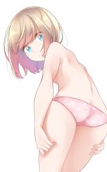 Rule 34 | 1girl, ass, blue eyes, bottomless, brown hair, closed mouth, comah, from behind, from below, highres, looking at viewer, looking back, looking down, original, panties, pink panties, polka dot, polka dot panties, simple background, smile, solo, underwear, underwear only, white background