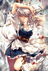 Rule 34 | 1girl, apron, arm up, belt, blue dress, bow, braid, breasts, brown belt, cleavage, commentary request, cowboy shot, dress, green bow, hair bow, highres, holding, holding knife, holding weapon, izayoi sakuya, knife, looking at viewer, maid, maid headdress, medium breasts, monety, petticoat, red eyes, shirt, short dress, short hair, solo, standing, thighs, touhou, waist apron, weapon, white apron, white hair, white shirt