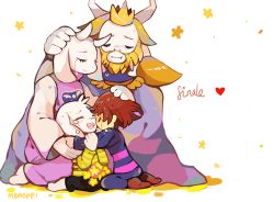 Rule 34 | 1boy, 2girls, alternate universe, androgynous, animal ears, artist name, asgore dreemurr, asriel dreemurr, bad end, beard, blonde hair, brown hair, chara (undertale), closed eyes, crown, crying, english text, facial hair, fangs, father and son, flower, frisk (undertale), furry, goat ears, heart, horns, hug, jewelry, kneeling, knife, locket, long sleeves, momoppi, mother and son, multiple girls, pendant, shirt, short hair, sitting, smile, spoilers, streaming tears, striped clothes, striped shirt, sweater, tabard, tears, teeth, toriel, transparent, transparent background, undertale, when you see it, white background
