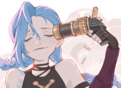 Rule 34 | 1girl, arcane: league of legends, arcane jinx, asymmetrical bangs, bare shoulders, blue hair, braid, brown gloves, brown shirt, closed eyes, closed mouth, cloud tattoo, commentary request, detached sleeves, fingerless gloves, gloves, grey background, gun, gun to head, highres, holding, holding gun, holding weapon, jinx (league of legends), league of legends, long hair, qin da xing, shirt, shoulder tattoo, sleeveless, smile, solo, tattoo, twin braids, weapon