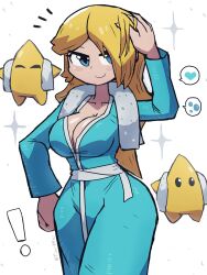 Rule 34 | !, 1girl, absurdres, after bathing, bathrobe, blonde hair, blue eyes, blue robe, blush, breasts, bubble, cleavage, collarbone, hair over one eye, hand on own hip, heart, highres, large breasts, long hair, looking at viewer, luma (mario), mario (series), nintendo, robe, rosalina, smile, sparkle, spoken heart, standing, super mario galaxy, tony welt, towel, towel around neck, white background