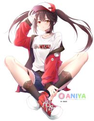 Rule 34 | 1girl, absurdres, artist name, asymmetrical hair, black hair, blue shorts, brown hair, casual, choker, clock eyes, collarbone, date a live, full body, hat, heterochromia, highres, indian, jacket, long hair, looking at viewer, nail polish, off shoulder, open clothes, open jacket, peaked cap, print legwear, print shirt, red eyes, red footwear, red jacket, red nails, rhode, shirt, shoes, short shorts, shorts, simple background, sneakers, solo, symbol-shaped pupils, tokisaki kurumi, twintails, white background, white shirt, yellow eyes