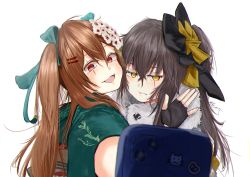 Rule 34 | 2girls, absurdres, arm up, black gloves, blush, bow, brown hair, fingerless gloves, flower, fur-trimmed kimono, fur trim, girls&#039; frontline, gloves, hair bow, hair flower, hair ornament, hair ribbon, hairclip, highres, holding, holding phone, japanese clothes, kimono, long hair, looking at viewer, multiple girls, official alternate costume, open mouth, phone, red eyes, ribbon, ryunosuke nikaido, scar, scar across eye, scar on face, selfie, side ponytail, smile, twintails, ump45 (girls&#039; frontline), ump45 (lonely traveler of eternity) (girls&#039; frontline), ump9 (girls&#039; frontline), ump9 (wayfarer of the profound) (girls&#039; frontline), unhappy, upper body, white background, yellow eyes