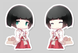 Rule 34 | 10s, 1girl, black hair, chibi, cuivre, closed eyes, green eyes, grey background, japanese clothes, lowres, mayu (noragami), miko, noragami, simple background, solo