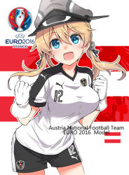 Rule 34 | 10s, 1girl, alternate costume, anchor hair ornament, blonde hair, blue eyes, breasts, euro 2016, fujii jun, gloves, hair between eyes, hair ornament, hat, kantai collection, large breasts, long hair, looking at viewer, open mouth, peaked cap, prinz eugen (kancolle), puma (brand), soccer, soccer uniform, solo, sportswear, white gloves