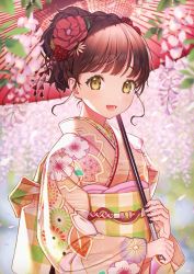 Rule 34 | 1girl, :d, bad id, bad pixiv id, blurry, blurry background, blush, braid, brown eyes, commentary request, day, depth of field, floral print, flower, hair flower, hair ornament, highres, holding, holding umbrella, japanese clothes, kimono, long sleeves, obi, oil-paper umbrella, oli o o, open mouth, original, outdoors, petals, pink kimono, print kimono, red flower, red hair, sash, short hair, short ponytail, smile, solo, tareme, umbrella, upper body, wisteria