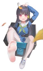 Rule 34 | 1girl, absurdres, arm up, arrow (symbol), autumn leaves, black hair, blue archive, blue serafuku, blue shirt, blue skirt, commentary request, female focus, foreshortening, full body, headgear, highres, in container, leaf, leaf on head, long hair, long sleeves, looking at viewer, miyu (blue archive), mr ito, no shoes, open mouth, pantyhose, pleated skirt, recycling symbol, red eyes, sailor collar, school uniform, serafuku, shirt, shoes, simple background, single shoe, skirt, soles, solo, very long hair, wavy mouth, white background, white footwear, white pantyhose, white sailor collar