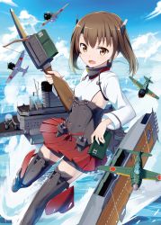 Rule 34 | 10s, 1girl, absurdres, aircraft, airplane, ayuya naka no hito, bike shorts, blue sky, bow (weapon), brown eyes, brown hair, crossbow, day, gotyou, hair between eyes, hakama, hakama short skirt, hakama skirt, headband, headgear, highres, japanese clothes, kantai collection, long sleeves, looking at viewer, machinery, military, military uniform, ocean, open mouth, pleated skirt, red skirt, short hair, skirt, sky, solo, taihou (kancolle), thighhighs, uniform, weapon