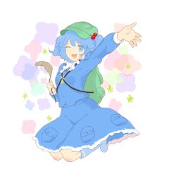 Rule 34 | 1girl, backpack, bad id, bad pixiv id, bag, blue eyes, blue hair, blue shirt, blue skirt, boots, cabbie hat, cattail, colored eyelashes, flower, full body, green hat, hair bobbles, hair ornament, hand up, hat, highres, honi (honix3), jumping, kawashiro nitori, key, long sleeves, looking at viewer, matching hair/eyes, one eye closed, open mouth, plant, round teeth, rubber boots, shirt, skirt, smile, solo, teeth, tongue, touhou, two side up, white background