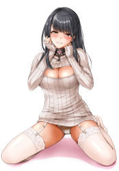 Rule 34 | 1girl, black hair, blush, breasts, cameltoe, choker, cleavage, cleavage cutout, clothing cutout, collar, dress, garter straps, heart, heart choker, kneeling, large breasts, long hair, looking at viewer, o-ring, o-ring choker, okumori boy, original, panties, simple background, smile, solo, sweater, sweater dress, thighhighs, underwear, white background, white panties, white thighhighs