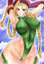 Rule 34 | 1girl, bare legs, blonde hair, blue eyes, braid, breasts, cammy white, curvy, facial scar, gloves, green leotard, hat, heattech leotard, highleg, highleg leotard, highres, large breasts, leotard, long hair, red gloves, scar, scar on cheek, scar on face, shiny skin, smile, solo, street fighter, thighs, thong leotard, traditional media, turtleneck, twin braids, twobee, very long hair, wide hips