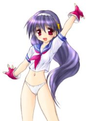 Rule 34 | 1girl, asamiya athena, blush, bottomless, bow, bow panties, breasts, fingerless gloves, gloves, hairband, long hair, looking at viewer, midriff, navel, neckerchief, no pants, norizou type-r, open mouth, panties, purple hair, red eyes, red gloves, red neckerchief, school uniform, serafuku, shirt, short sleeves, small breasts, smile, snk, solo, standing, the king of fighters, underwear, very long hair, white background, white panties, white shirt