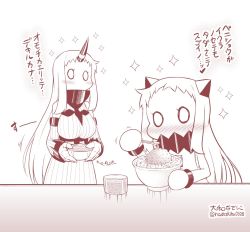 Rule 34 | 0 0, 10s, 2girls, abyssal ship, bare shoulders, comic, commentary request, contemporary, covered mouth, dress, food, gyuudon, horns, kantai collection, long hair, long sleeves, monochrome, multiple girls, northern ocean princess, seaport princess, single horn, sleeveless, sleeveless dress, sparkle, tongs, translation request, twitter username, yamato nadeshiko