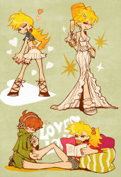 Rule 34 | 10s, 1boy, 1girl, alternate hairstyle, aqua nails, barefoot, blonde hair, brief (psg), casual, dress, eating, evening gown, feet, formal, holding another&#039;s foot, jewelry, bridal garter, lots of jewelry, miniskirt, nail polish, official style, orange hair, panty &amp; stocking with garterbelt, panty (psg), applying pedicure, reading, red nails, sachiko (omame), shorts, skirt