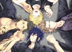 Rule 34 | 10s, 4boys, beard, black hair, blonde hair, blue eyes, blue hair, brown eyes, brown hair, circle formation, facial hair, final fantasy, final fantasy xv, gladiolus amicitia, glasses, green eyes, holding hands, highres, ignis scientia, lying, male focus, multiple boys, nae (mzxt3557), noctis lucis caelum, one eye closed, prompto argentum, smile, tattoo