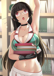 Rule 34 | 1girl, arm up, armpits, black gloves, black hair, blunt bangs, blush, book, book stack, bookshelf, breasts, choker, choukai (kancolle), choukai kai ni (kancolle), cleavage, collarbone, commentary request, glasses, gloves, groin, hair ornament, hat, headgear, highres, holding, holding book, indoors, kantai collection, kuromayu, large breasts, library, long hair, looking up, midriff, navel, open mouth, pleated skirt, red eyes, rimless eyewear, skirt, solo