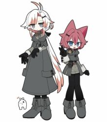 Rule 34 | 2girls, ahoge, animal ears, antenna hair, belt, black belt, black gloves, black thighhighs, blue eyes, cat ears, closed mouth, coat, empty eyes, funamusea (artist), gloves, green shorts, grey coat, grey eyes, grey footwear, hair between eyes, hair intakes, hair ornament, mascot, multicolored hair, multiple girls, open mouth, original, pale skin, red hair, second-party source, shorts, simple background, smile, star (symbol), streaked hair, striped clothes, striped thighhighs, thighhighs, v, vertical-striped clothes, vertical-striped thighhighs, white background, white hair, x hair ornament