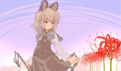Rule 34 | 1girl, animal ears, blush, capelet, dowsing rod, flower, grey hair, ishikkoro, jewelry, light smile, lily of the valley, long sleeves, mouse ears, nazrin, outstretched hand, pendant, red eyes, short hair, solo, spider lily, touhou