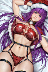 Rule 34 | 1girl, belt, black belt, blunt bangs, bra, breasts, capelet, cleavage, closed mouth, criss-cross halter, fern (sousou no frieren), fur-trimmed capelet, fur trim, halterneck, hat, highleg, highleg panties, highres, large breasts, linea alba, long hair, looking at viewer, lying, navel, neoartcore, o-ring, on back, panties, patreon username, pom pom (clothes), purple eyes, purple hair, purple pupils, red bra, red panties, santa hat, solo, sousou no frieren, straight hair, thigh belt, thigh strap, underwear