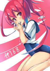 Rule 34 | 1girl, blue one-piece swimsuit, blue sailor collar, cellphone, character name, dutch angle, hair ribbon, highres, i-168 (kancolle), kantai collection, long hair, looking at viewer, neckerchief, one-piece swimsuit, phone, pink neckerchief, ponytail, red hair, ribbon, sailor collar, sailor shirt, school swimsuit, school uniform, serafuku, shirt, sitting, smartphone, smile, solo, swimsuit, swimsuit under clothes, two-tone background, unomi, wariza