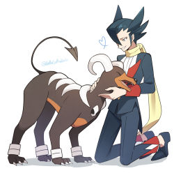 Rule 34 | 1boy, black hair, buttons, commentary request, creatures (company), game freak, gen 2 pokemon, grey eyes, grimsley (pokemon), heart, houndoom, jacket, kneeling, long sleeves, looking down, male focus, momoji (lobolobo2010), nintendo, pants, pokemon, pokemon (creature), pokemon bw, scarf, shirt, shoes, short hair, smile, spiked hair, twitter username, white shirt, yellow scarf