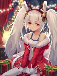 Rule 34 | 1girl, adapted costume, animal ears, azur lane, bare shoulders, box, breasts, camisole, christmas, christmas lights, christmas ornaments, christmas tree, cleavage, closed mouth, collarbone, commentary, curtains, expressionless, fake animal ears, fake antlers, fur-trimmed jacket, fur trim, gift, gift box, hair between eyes, hairband, head tilt, highres, jacket, laffey (azur lane), lamp, light purple hair, long hair, long sleeves, looking at viewer, myung yi, pleated skirt, rabbit ears, red eyes, red jacket, red skirt, sidelocks, skirt, sleeves past wrists, small breasts, solo, spaghetti strap, table, thighhighs, twintails, white thighhighs, window