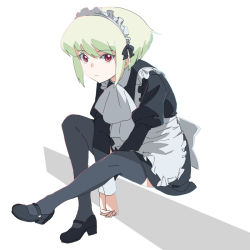 Rule 34 | apron, black dress, black thighhighs, crossdressing, dress, frills, high heels, lio fotia, looking at viewer, maid, maid apron, maid headdress, male focus, mary janes, ns1123, promare, puffy sleeves, purple eyes, shoes, sitting, solo, thighhighs, trap, waist apron