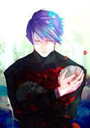 Rule 34 | 1boy, black sweater, blue background, blue hair, closed mouth, commentary request, flower, half-closed eyes, holding, holding flower, holding skull, long sleeves, looking down, male focus, mask, multicolored background, petals, red eyes, red flower, red rose, rose, sanoi (giraffe), short hair, skull, solo, sweater, tokyo ghoul, tsukiyama shuu, unworn mask, upper body, white background