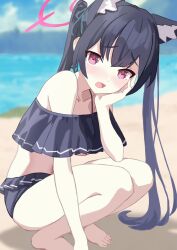 Rule 34 | 1girl, animal ears, bare legs, bare shoulders, barefoot, beach, bikini, blue archive, blue bikini, blue hair, cat ears, chikoku, chin rest, cropped legs, elbow on knee, frilled bikini, frills, hair tie, halo, head on head, head rest, highres, light frown, long hair, looking at viewer, mountain, ocean, official alternate costume, official alternate hairstyle, open mouth, parted bangs, pink eyes, serika (blue archive), serika (swimsuit) (blue archive), sidelocks, sketch, squatting, swimsuit, twintails