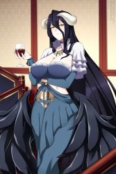 Rule 34 | 1girl, albedo (overlord), black hair, black wings, blue dress, breasts, cleavage, closed mouth, collarbone, cowboy shot, cup, detached sleeves, dress, drinking glass, hair between eyes, highres, horns, indoors, jewelry, lindaroze, long hair, looking at viewer, low wings, necklace, overlord (maruyama), popped collar, slit pupils, smile, solo, standing, wine glass, wings, yellow eyes