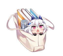 Rule 34 | 1girl, bag, black gloves, blush, chibi, gloves, hair between eyes, hands up, headgear, in bag, in container, indie virtual youtuber, mini person, minigirl, official art, open mouth, padko, pink eyes, shiodome oji, simple background, solo, v-shaped eyebrows, virtual youtuber, white background, white hair
