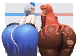 Rule 34 | 2girls, ass, ass-to-ass, ass focus, bare shoulders, bent over, blue eyes, blush, breasts, brid (nikke), cameltoe, come hither, dress, ethan69 (anhuzart), from behind, goddess of victory: nikke, hat, huge ass, large breasts, leaning, leaning forward, long hair, looking at viewer, looking back, multiple girls, naughty face, pantyhose, ponytail, red eyes, red hair, shiny clothes, shiny skin, sideboob, smile, sunglasses on head, thick thighs, thighs, torn clothes, torn pantyhose, very long hair, volume (nikke), white hair, wide hips
