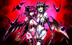 Rule 34 | 2girls, bat wings, bow, braid, breastless clothes, breasts, choker, clitoris piercing, clitoris ring, corruption, crotchless, crotchless panties, dark persona, demon girl, evil, eyeshadow, fangs, female focus, female pubic hair, frills, hair bow, hakurei reimu, head wings, highres, horns, izayoi sakuya, large breasts, lipstick, looking at viewer, makeup, md5 mismatch, multiple girls, nail polish, naughty face, navel, navel piercing, nipple piercing, nipple rings, nipples, open mouth, pale skin, panties, piercing, pink nails, pointy ears, pubic hair, pubic tattoo, pussy, pussy juice, pussy piercing, red eyes, resolution mismatch, short hair, silver hair, smirk, source smaller, tail, tattoo, thigh strap, thighhighs, tongue piercing, touhou, twin braids, uncensored, underwear, weapon, wings, yuzu momo