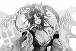 Rule 34 | 1girl, bare shoulders, blush, breasts, butterfly wings, cleavage, commentary, demon girl, demon horns, digimon, digimon (creature), dress, energy wings, english commentary, facial mark, horns, insect wings, keyliom, large breasts, lilithmon, lilithmon x-antibody, looking at viewer, medium hair, milestone celebration, monochrome, solo, thank you, upper body, wings