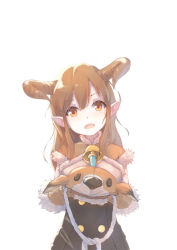 Rule 34 | 10s, 1girl, bell, breasts, brown hair, buttons, daetta (granblue fantasy), draph, fur trim, granblue fantasy, hair between eyes, hat, unworn hat, unworn headwear, holding, holding clothes, holding hat, horns, large breasts, long hair, looking at viewer, note (pixiv9542684), open mouth, orange eyes, simple background, solo, tareme, upper body, white background